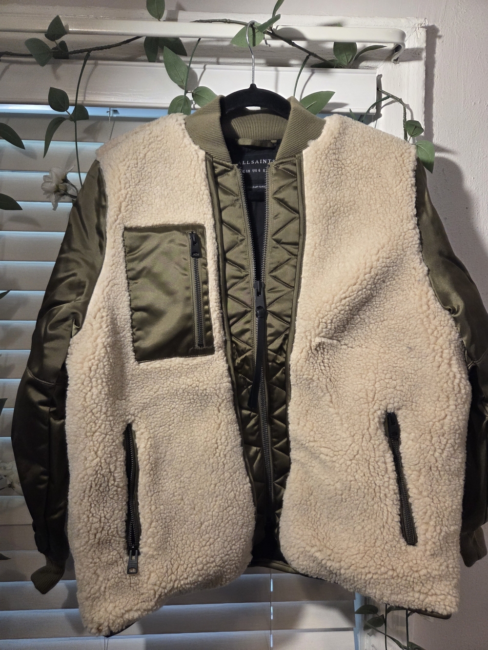 All Saints Suri Olive Green Bomber with Cream Sherpa Front